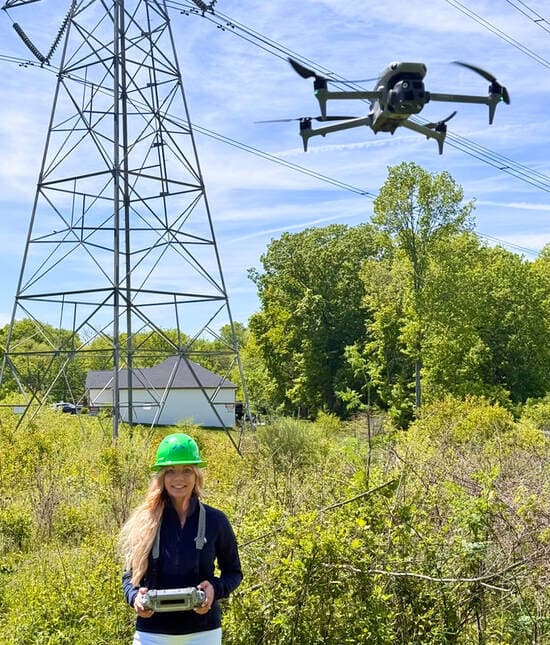 Heather Moran operating drone near power transmission lines
